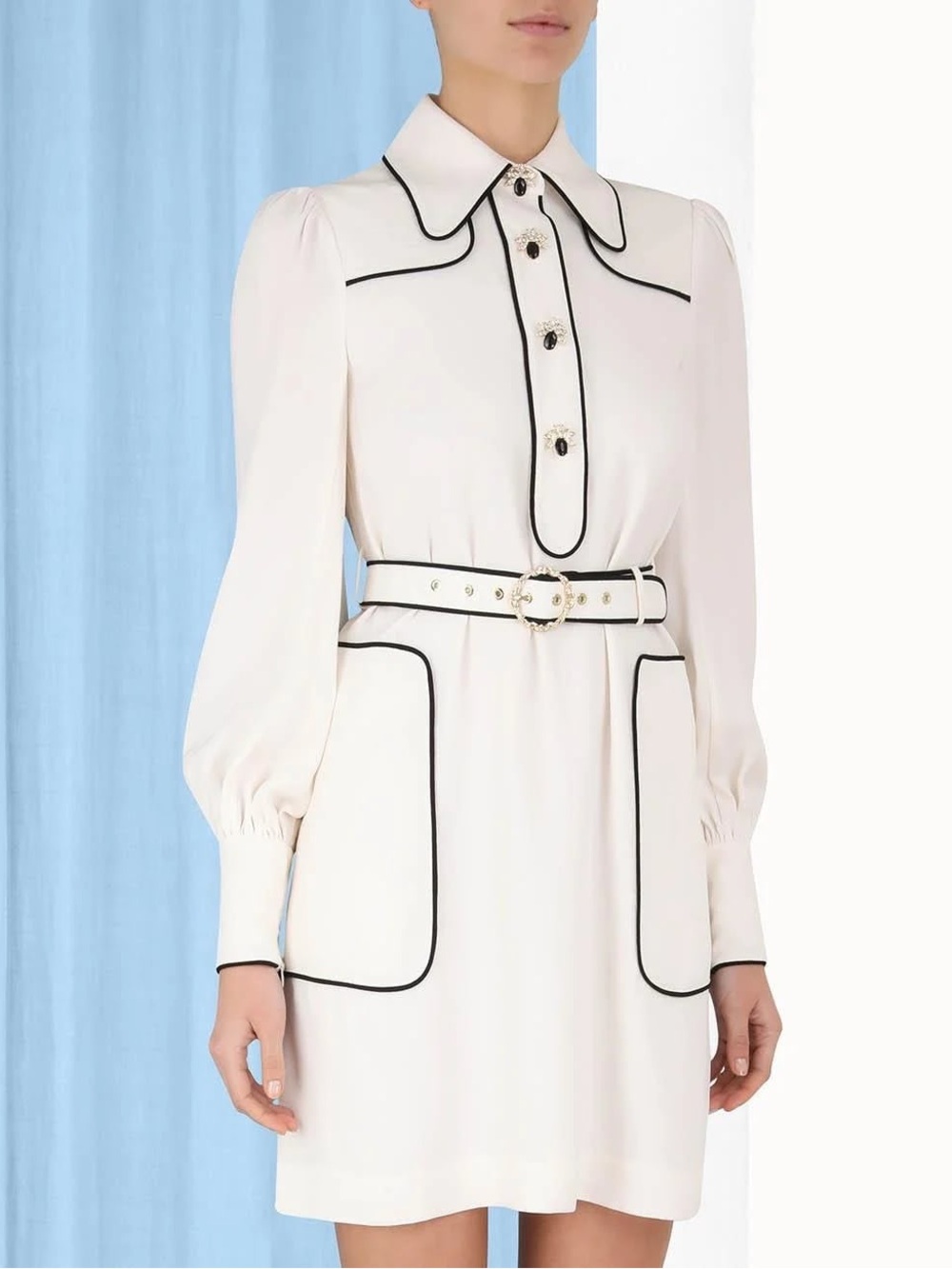 Zimmermann Cream Long-Sleeve A-Line Dress with Black Piping